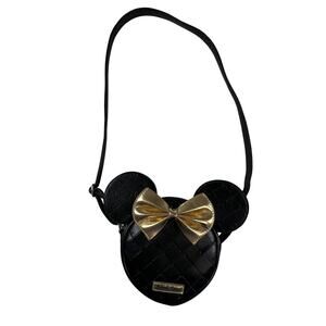 DISNEY Minnie Mouse Black Quilted Crossbody Bag Gold Bow Mickey Ears